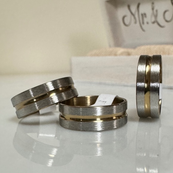 (New) Stainless Steel Two-Tone Flat with Center Accent Groove Ring Size 8.5 - Picture 1 of 7